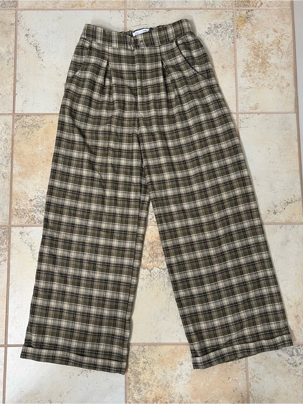 Zara Plaid Wide-Leg pants in Olive and Tan